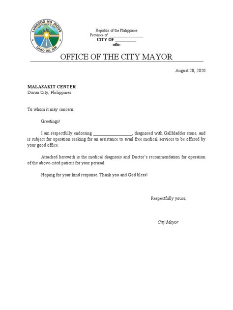 sample endorsement letter for medical assistance|Office of The City Mayor: Malasakit Center .